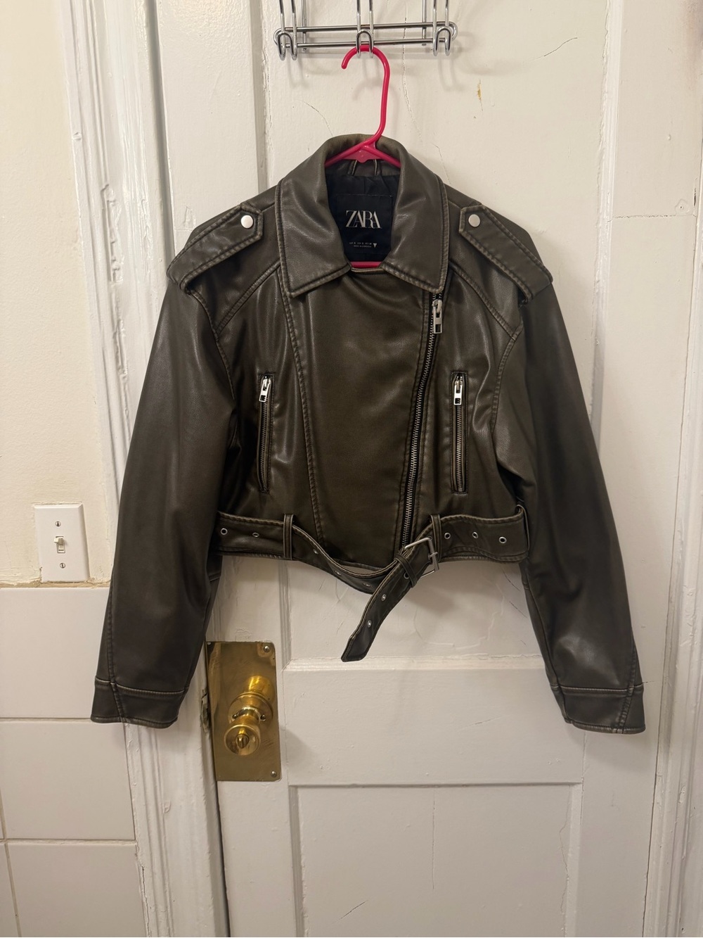 ZARA Olive Green Faux Leather Biker Jacket